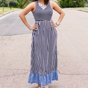 NEW Blue/White Striped Maxi Dress Gingham Hem